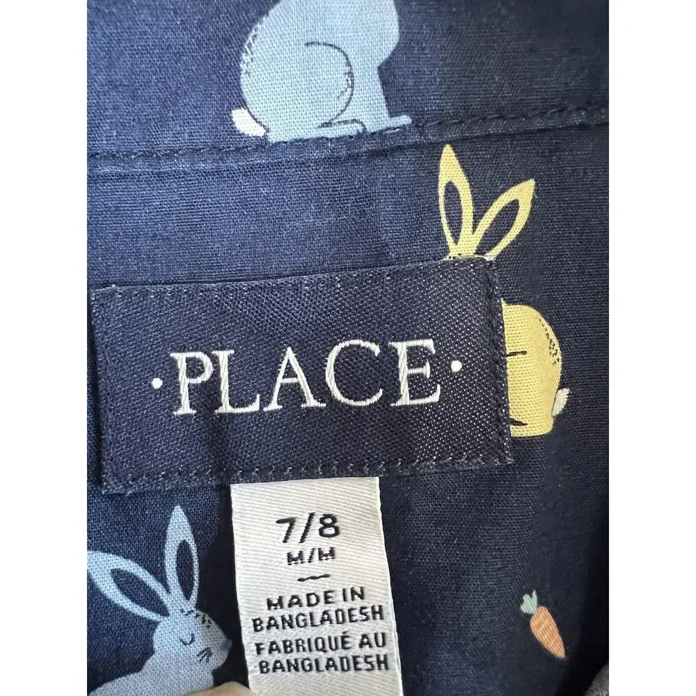 The Children's Place Boys M Cotton Bunny Easter Button-Up Shirt Blue Pockets